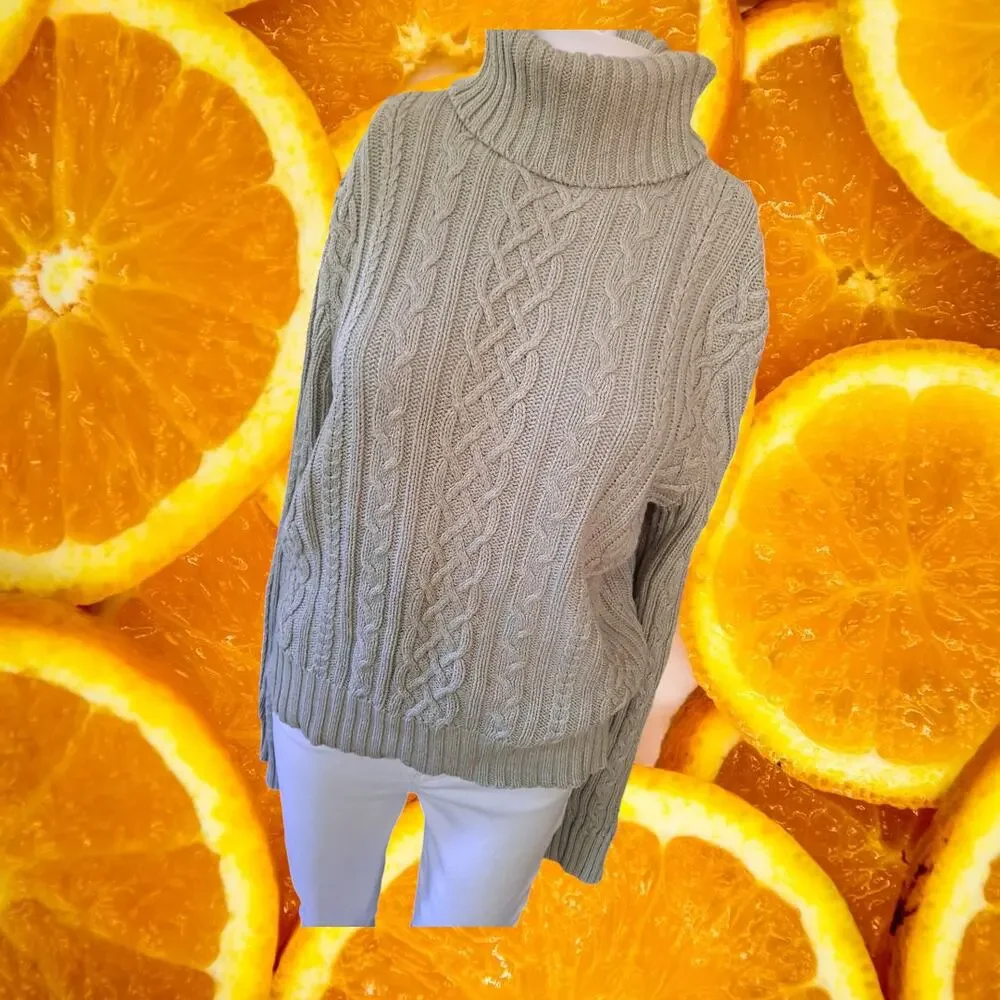 Wainscott Light Green Cable Knit Mock‎ Neck Sweater Size L
